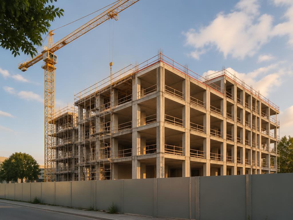Baustelle einer modernen Wohnanlage mit Kran und Rohbau