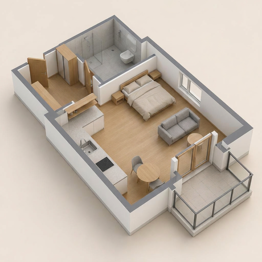 3D-Grundriss 1-Zi. Comfort Studio