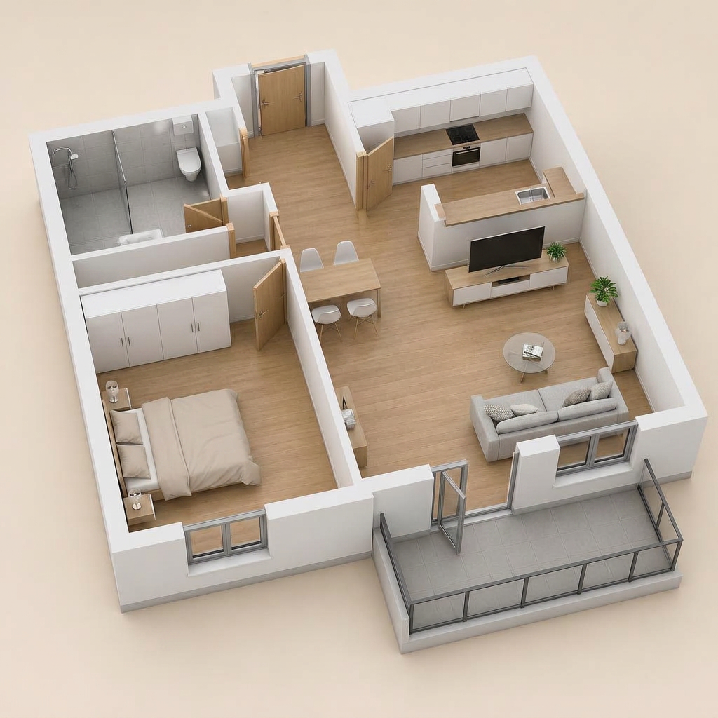 3D-Grundriss 2-Zi. Intelligent