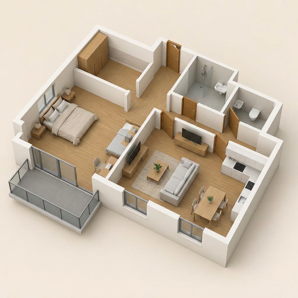 3D-Grundriss 3-Zi. Suite (Compact)